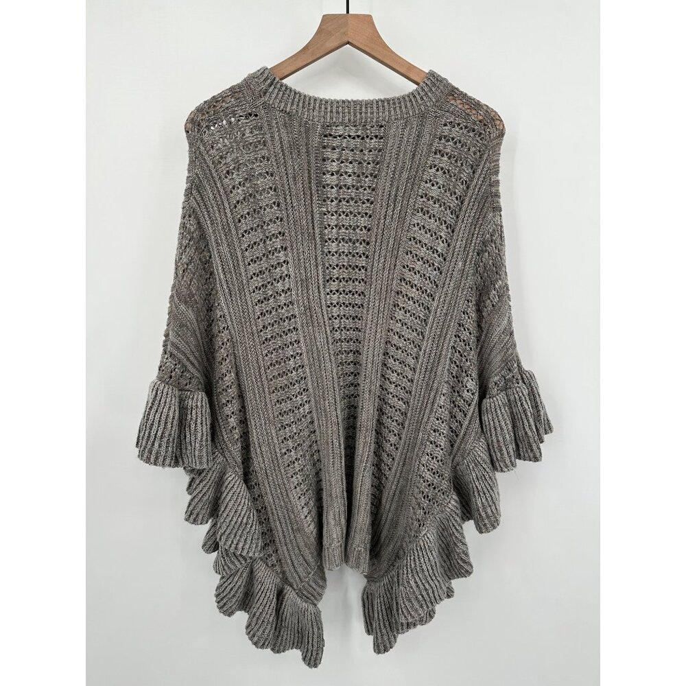 American Boutique OS Knitted Poncho Sweater Gray Ruffle Boxy Stretchy - Picture 4 of 10
